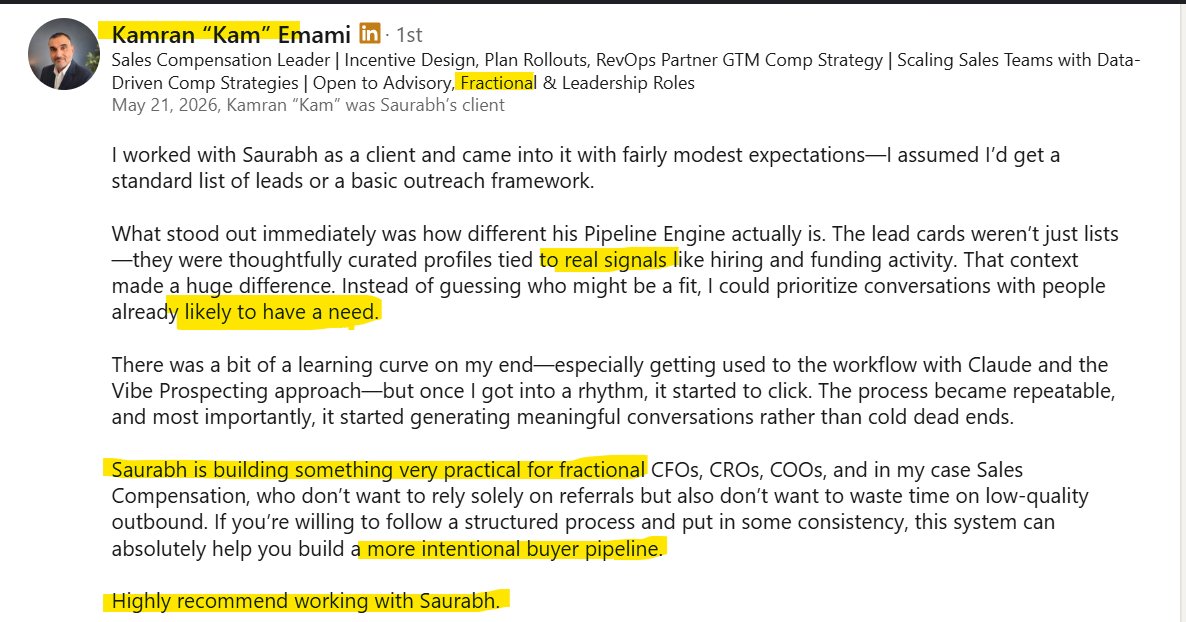 LinkedIn recommendation from Kamran Kam Emami for Saurabh M., Pipelind